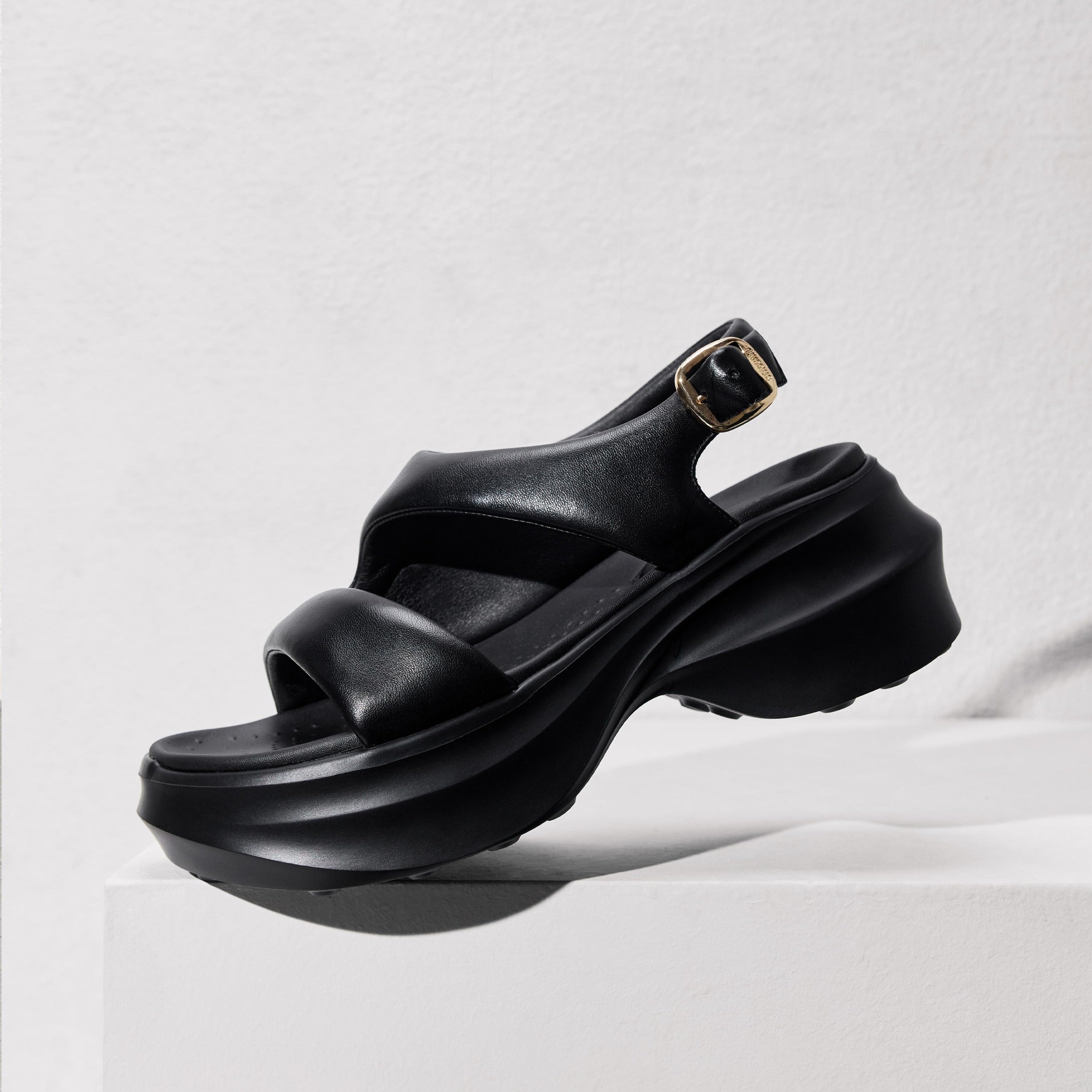 Black Leather Sproty Chunky Sandals