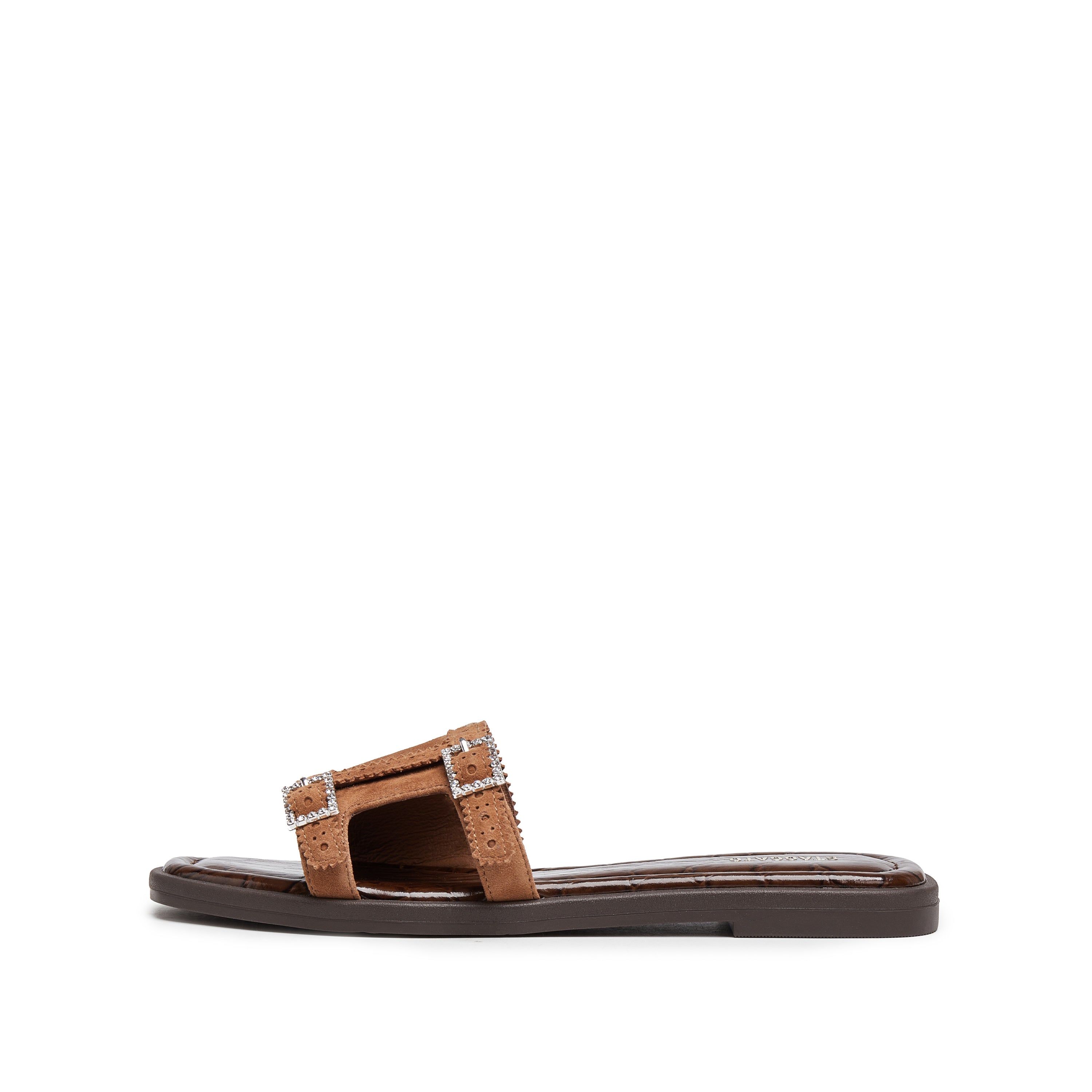 Brown Crystal Buckle Suede Slides