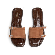 Brown Crystal Buckle Suede Slides