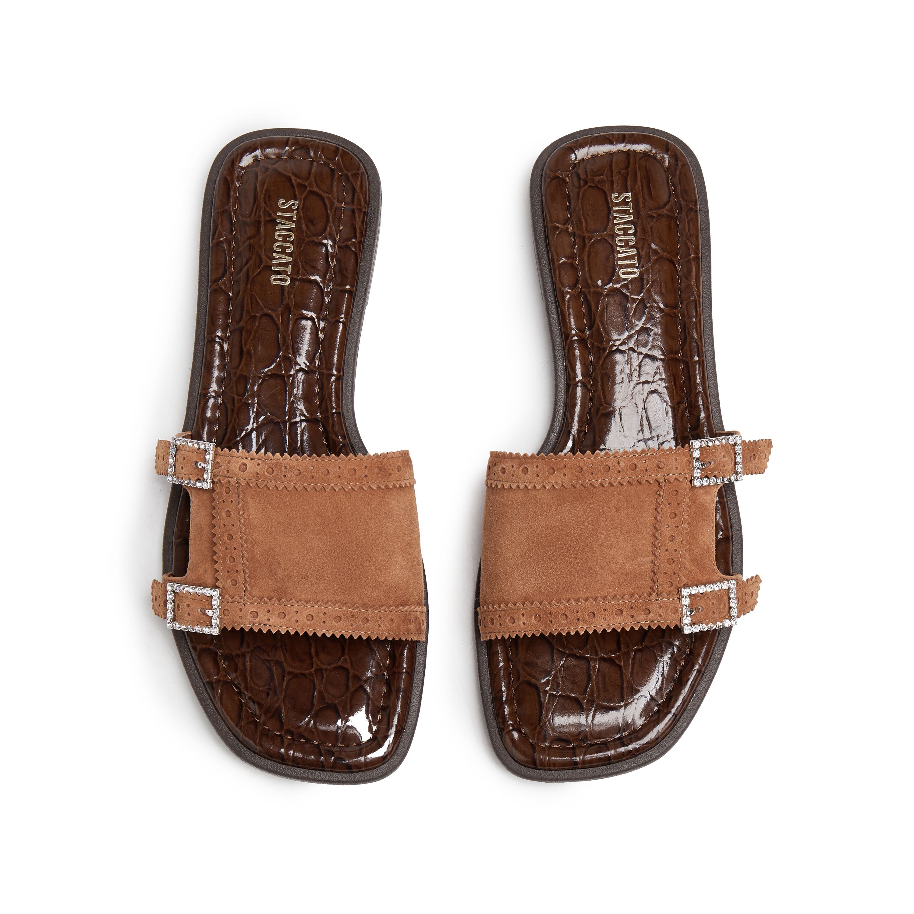 Brown Crystal Buckle Suede Slides
