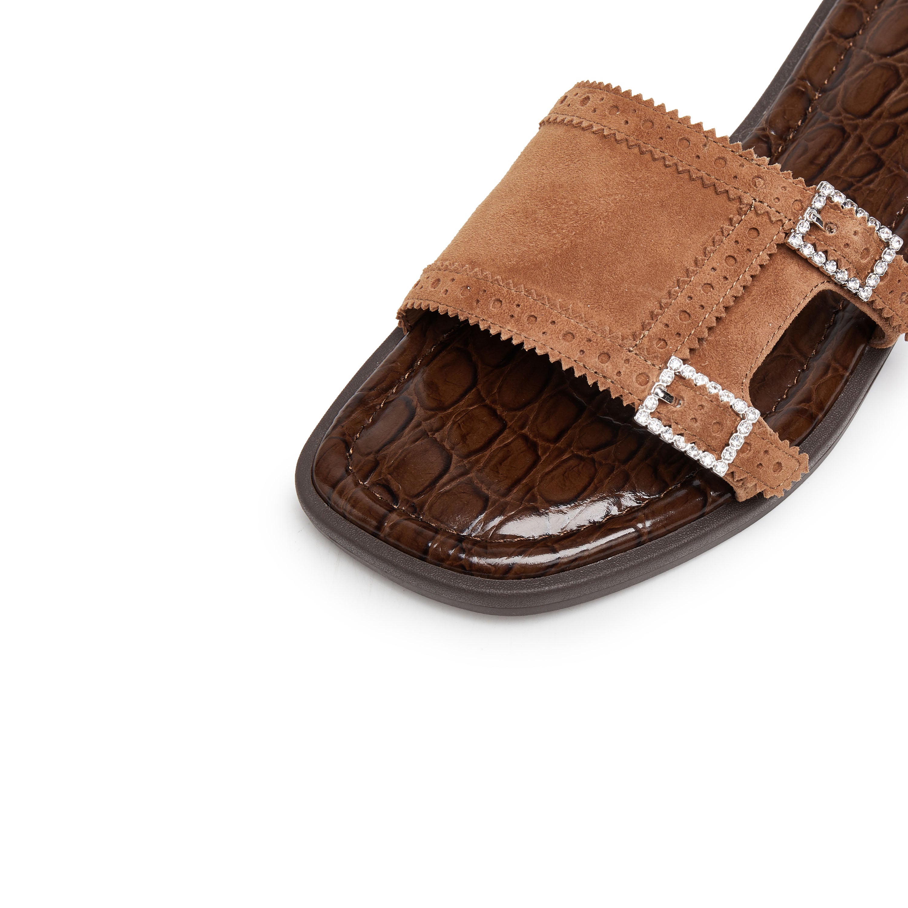 Brown Crystal Buckle Suede Slides