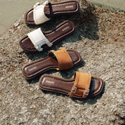 Brown Crystal Buckle Suede Slides