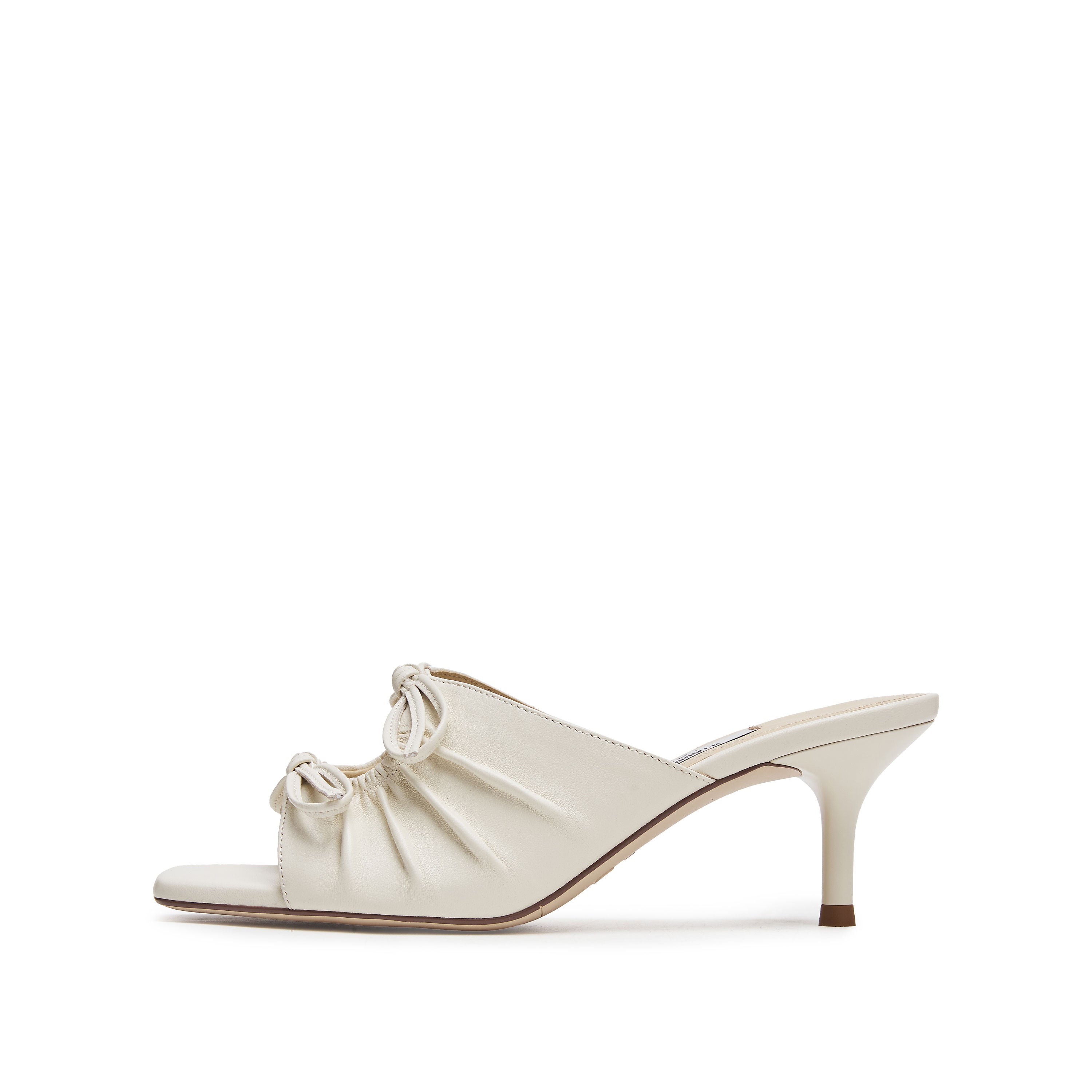 Beige Double Bows Leather Heeled Sandals