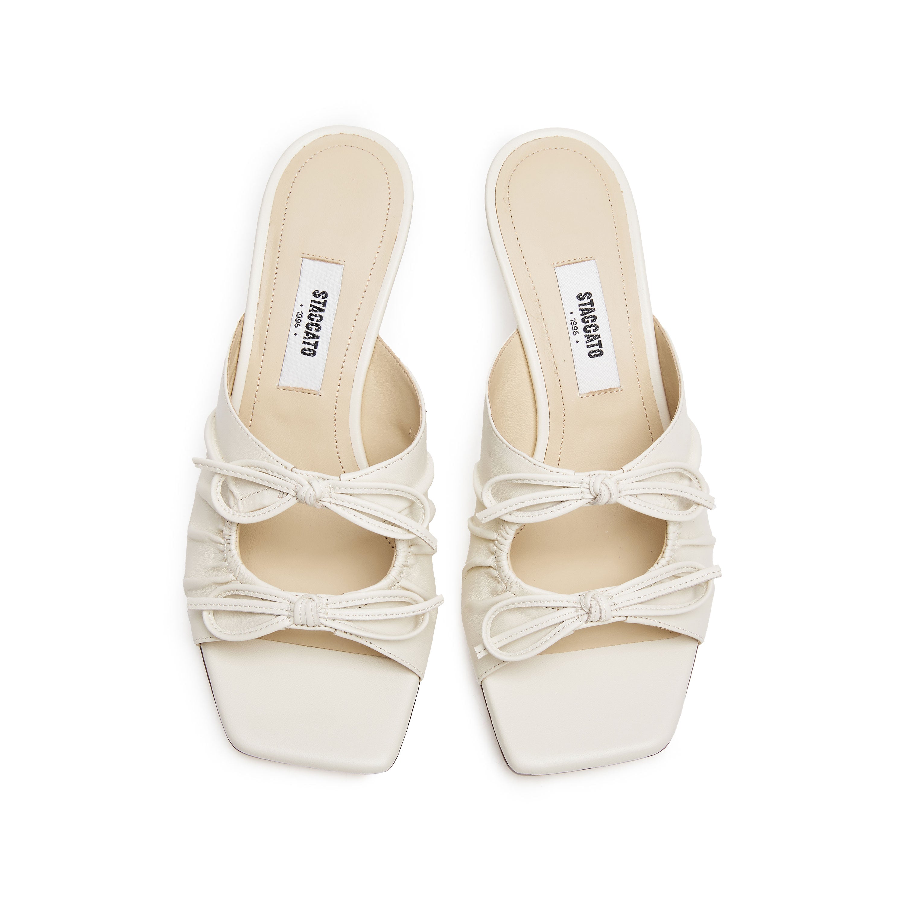 Beige Double Bows Leather Heeled Sandals