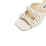Beige Double Bows Leather Heeled Sandals