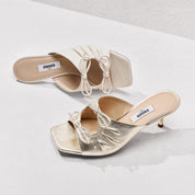 Beige Double Bows Leather Heeled Sandals