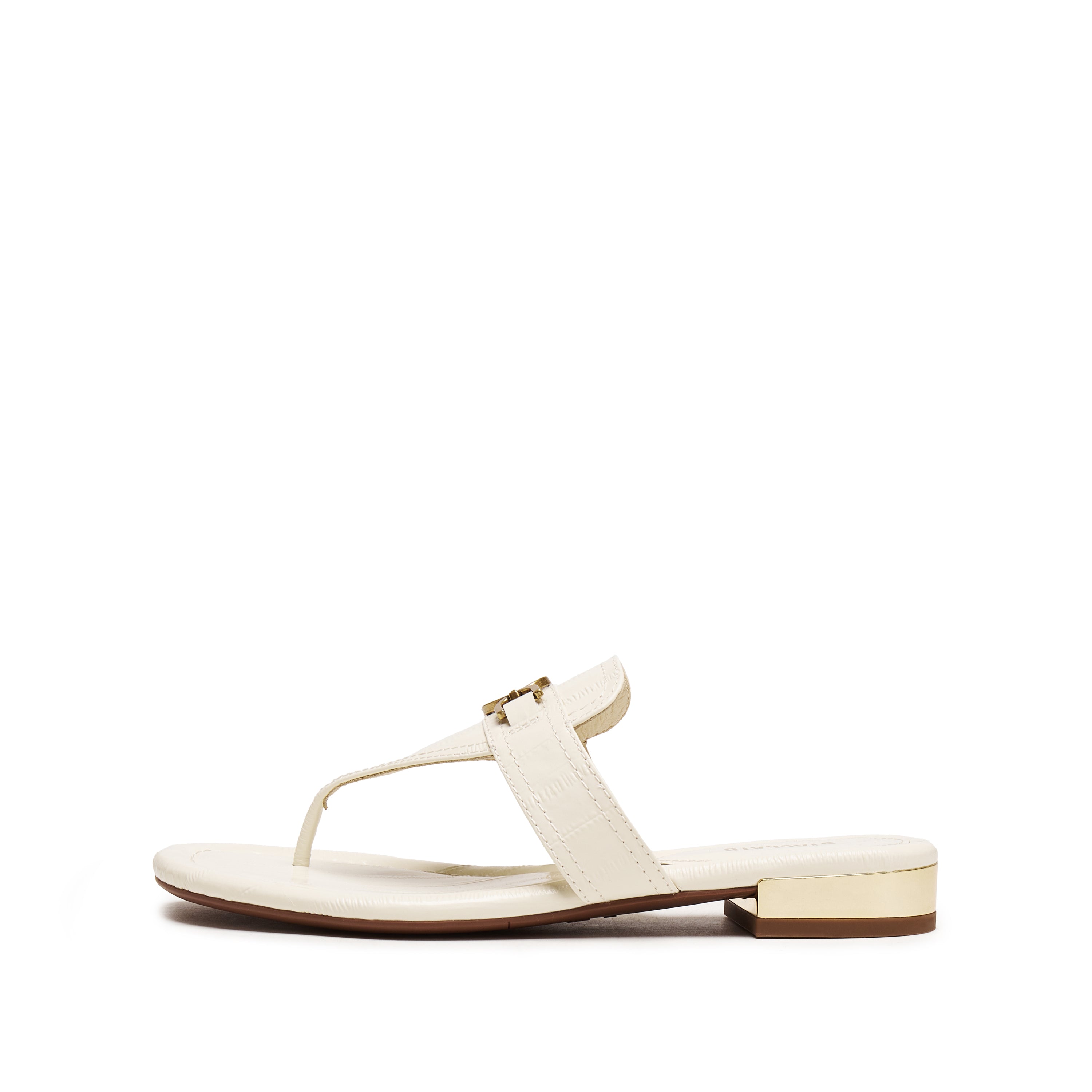 Beige ST Buckle Thong Leather Slides
