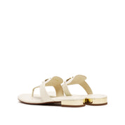 Beige ST Buckle Thong Leather Slides