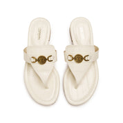 Beige ST Buckle Thong Leather Slides