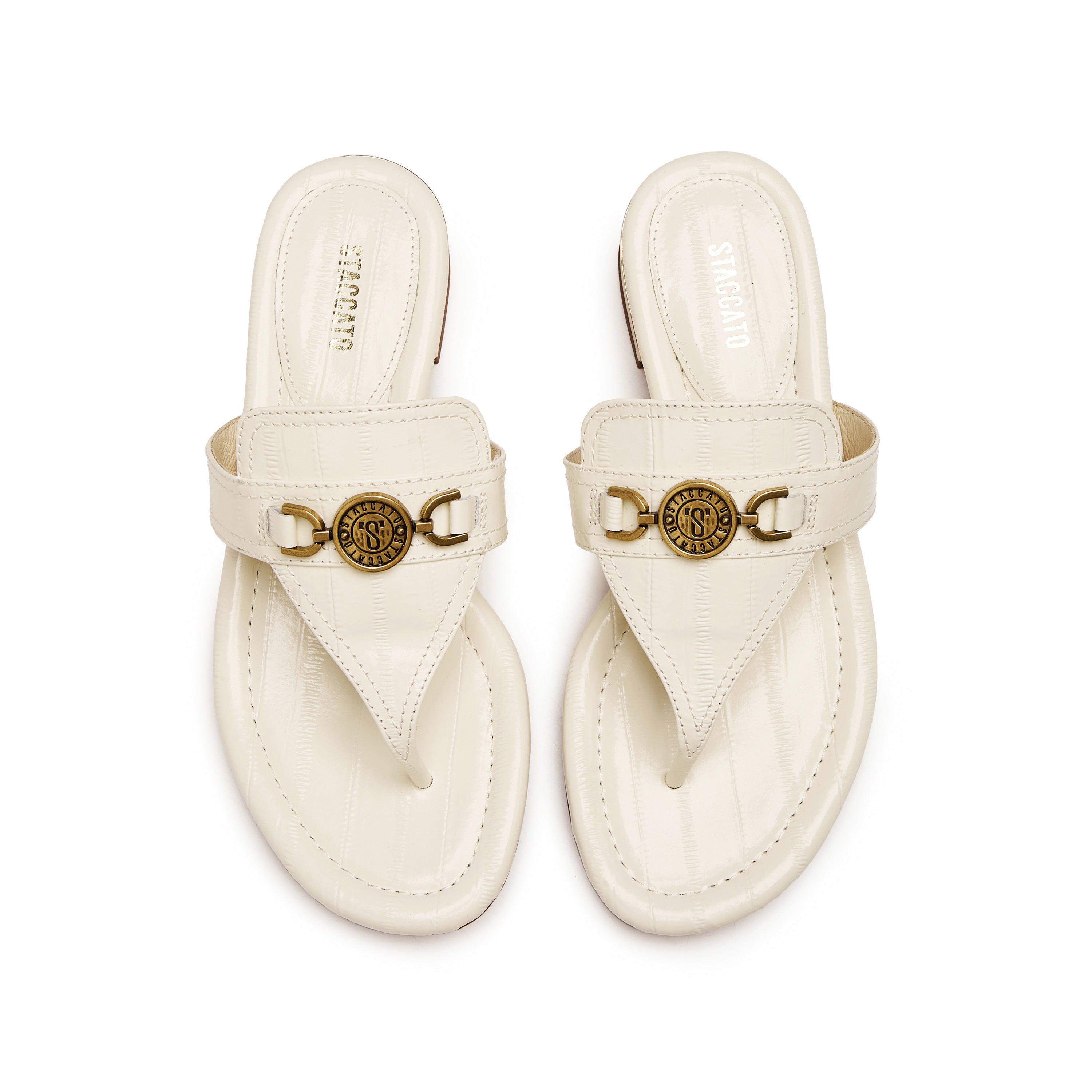 Beige ST Buckle Thong Leather Slides