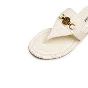 Beige ST Buckle Thong Leather Slides