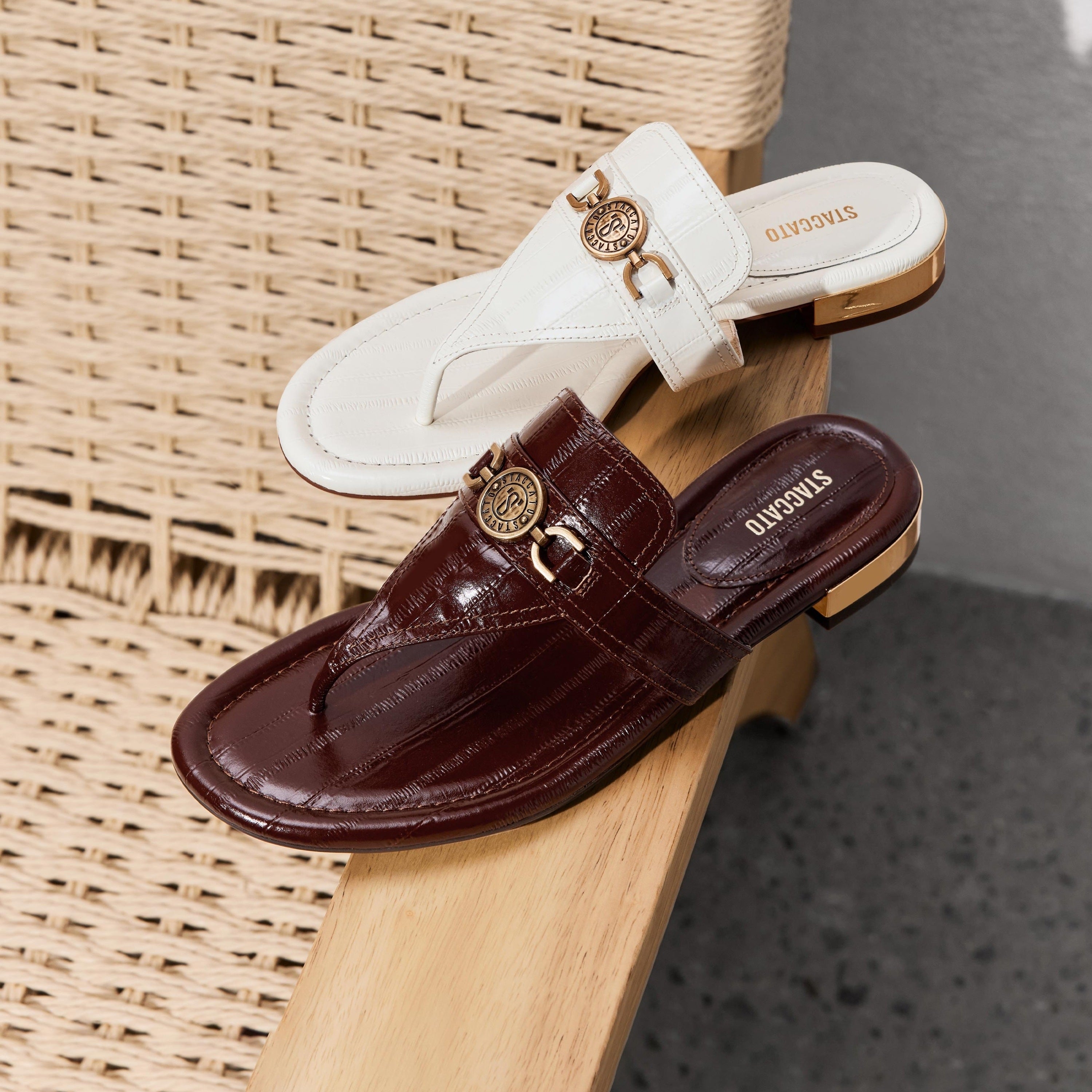 Brown ST Buckle Thong Leather Slides