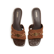 Brown Suede ST Coins Strap Heeled Sandals