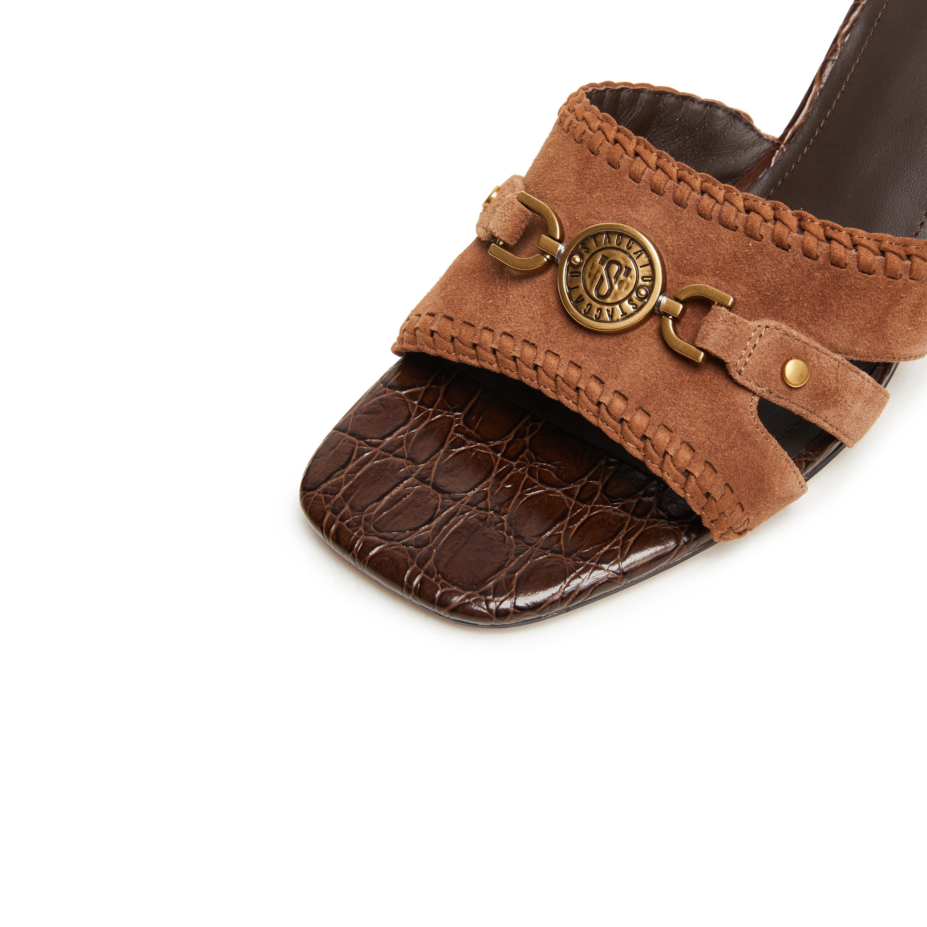 Brown Suede ST Coins Strap Heeled Sandals