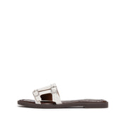 Beige Crystal Buckle Leather Slides