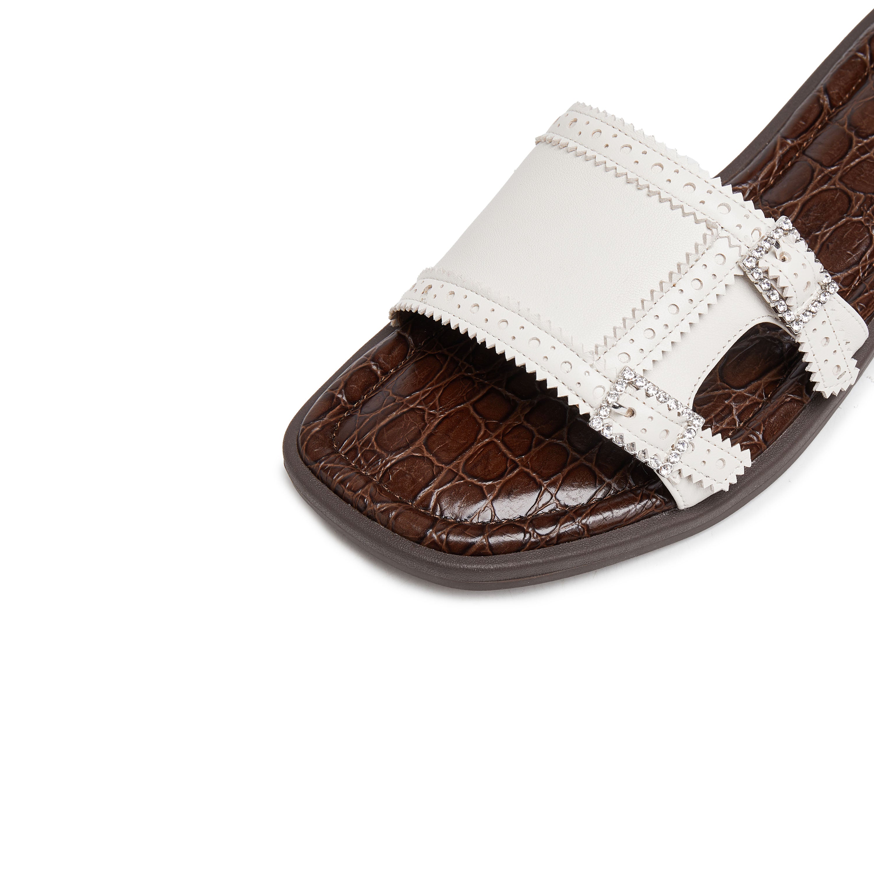 Beige Crystal Buckle Leather Slides