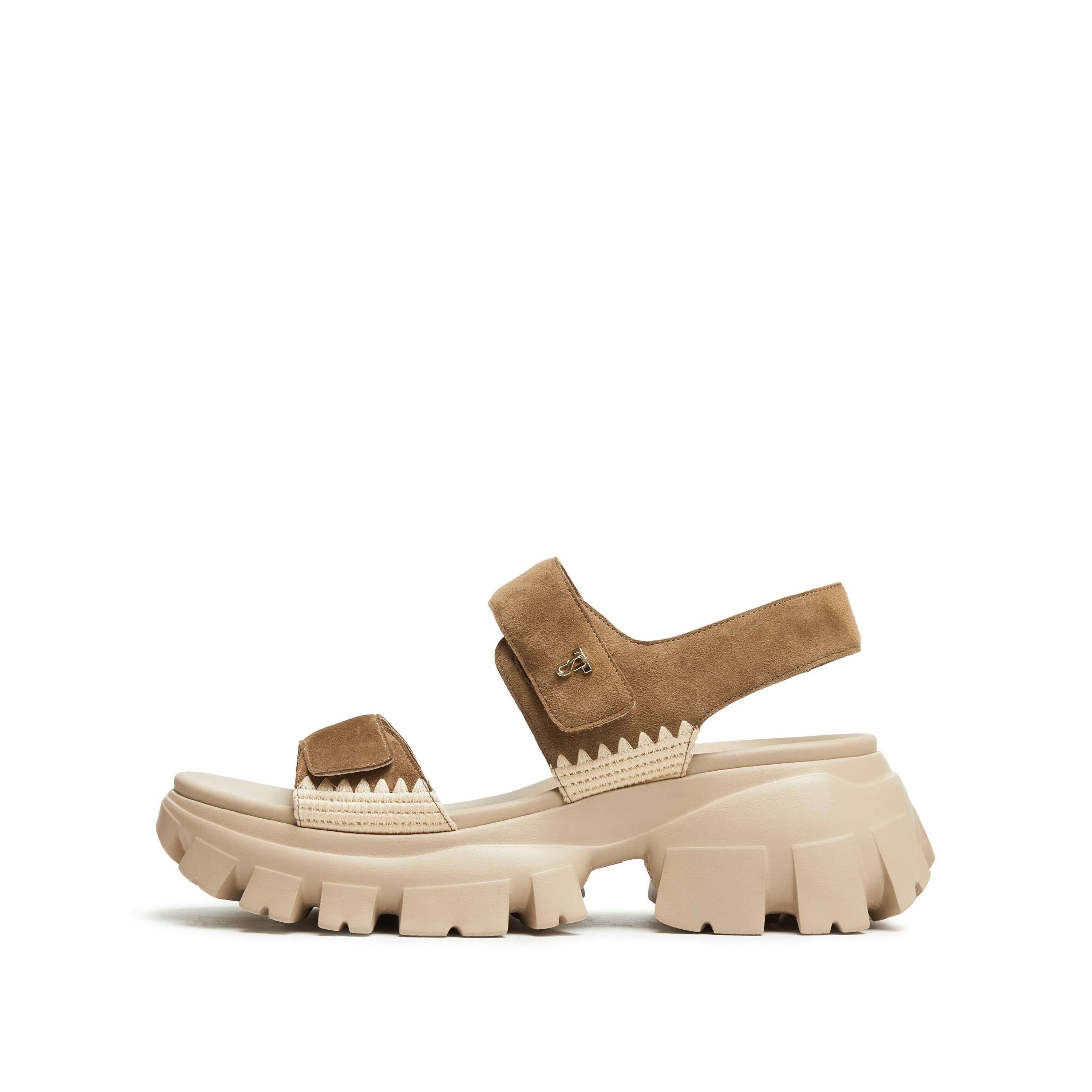 Brown Suede Strap Velcro Sporty Sandals