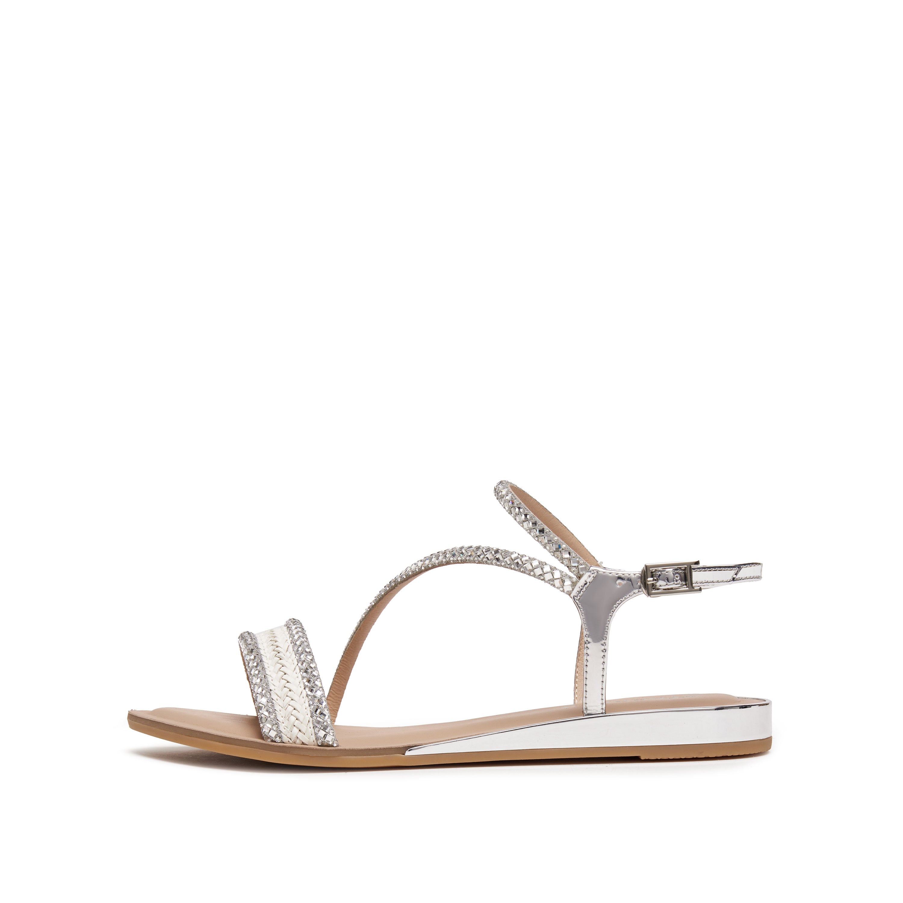 Silver Crystal Straw Strap Flat Sandals