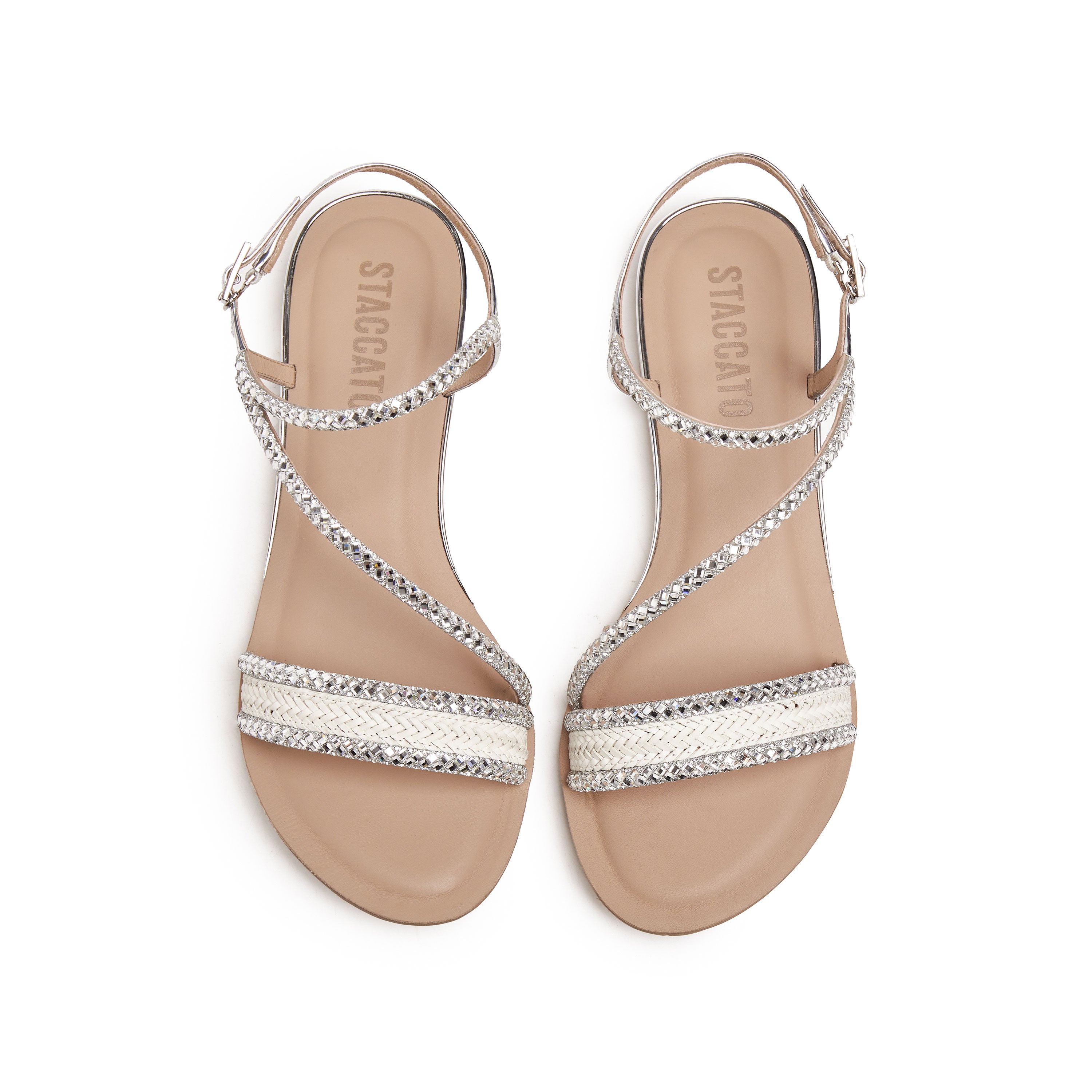 Silver Crystal Straw Strap Flat Sandals