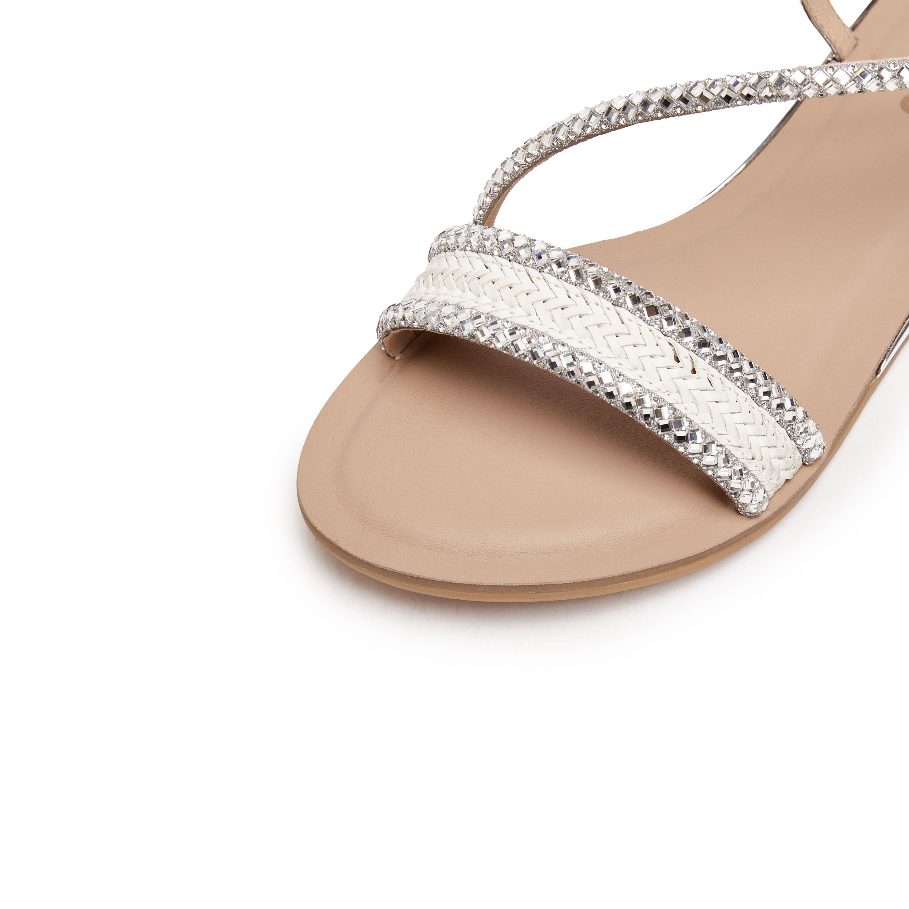 Silver Crystal Straw Strap Flat Sandals