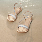 Silver Crystal Straw Strap Flat Sandals
