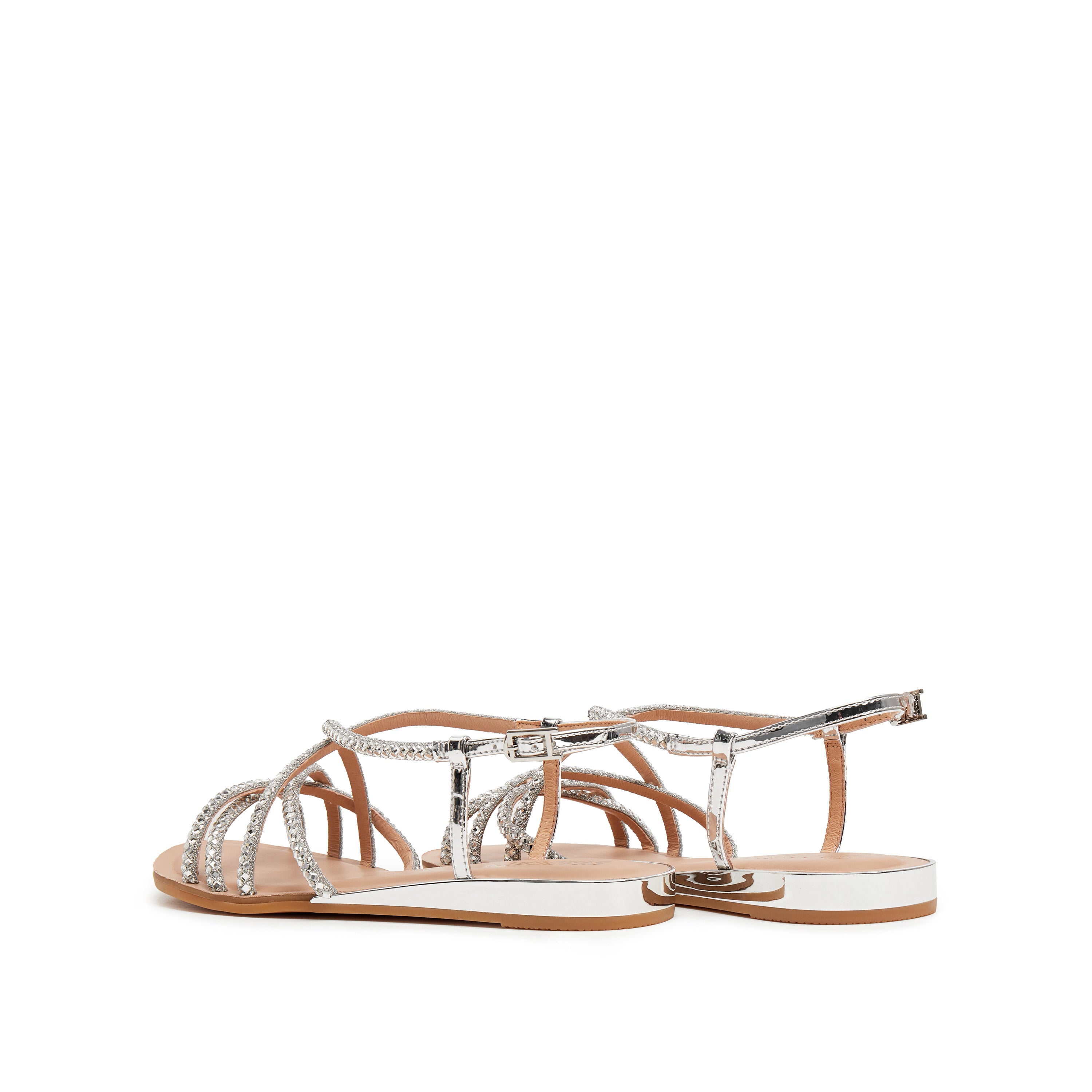 Silver Crystal Cross Strappy Flat Sandals