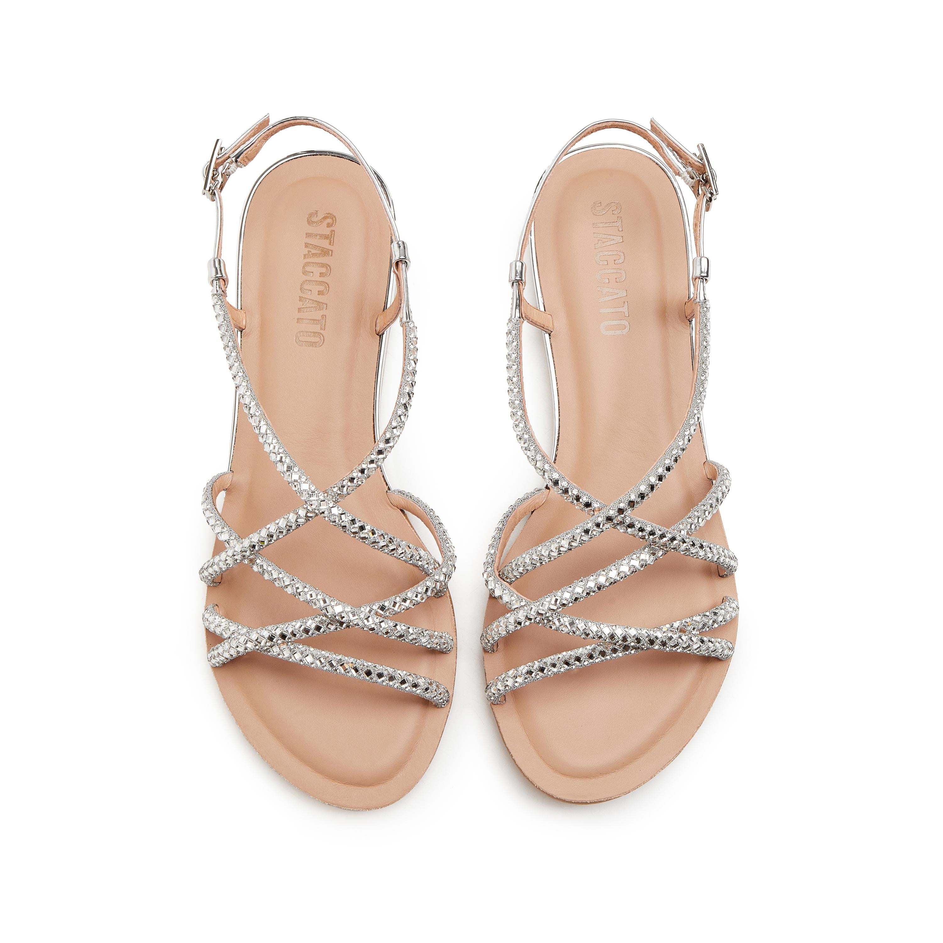 Silver Crystal Cross Strappy Flat Sandals