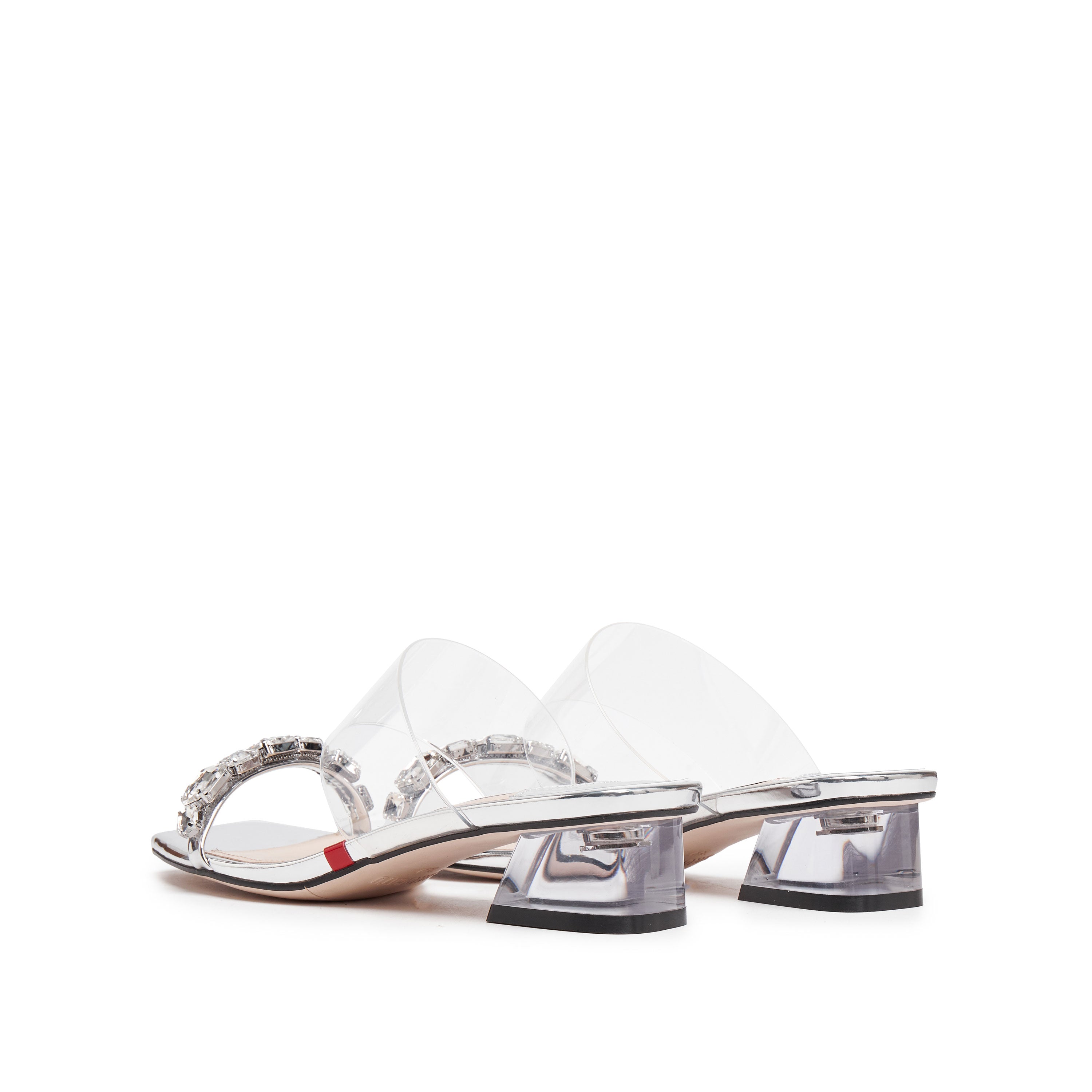 Silver Crystal Strap Heeled Mules