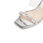 Silver Crystal Strap Heeled Mules