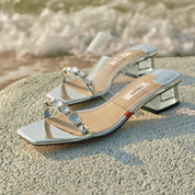 Silver Crystal Strap Heeled Mules