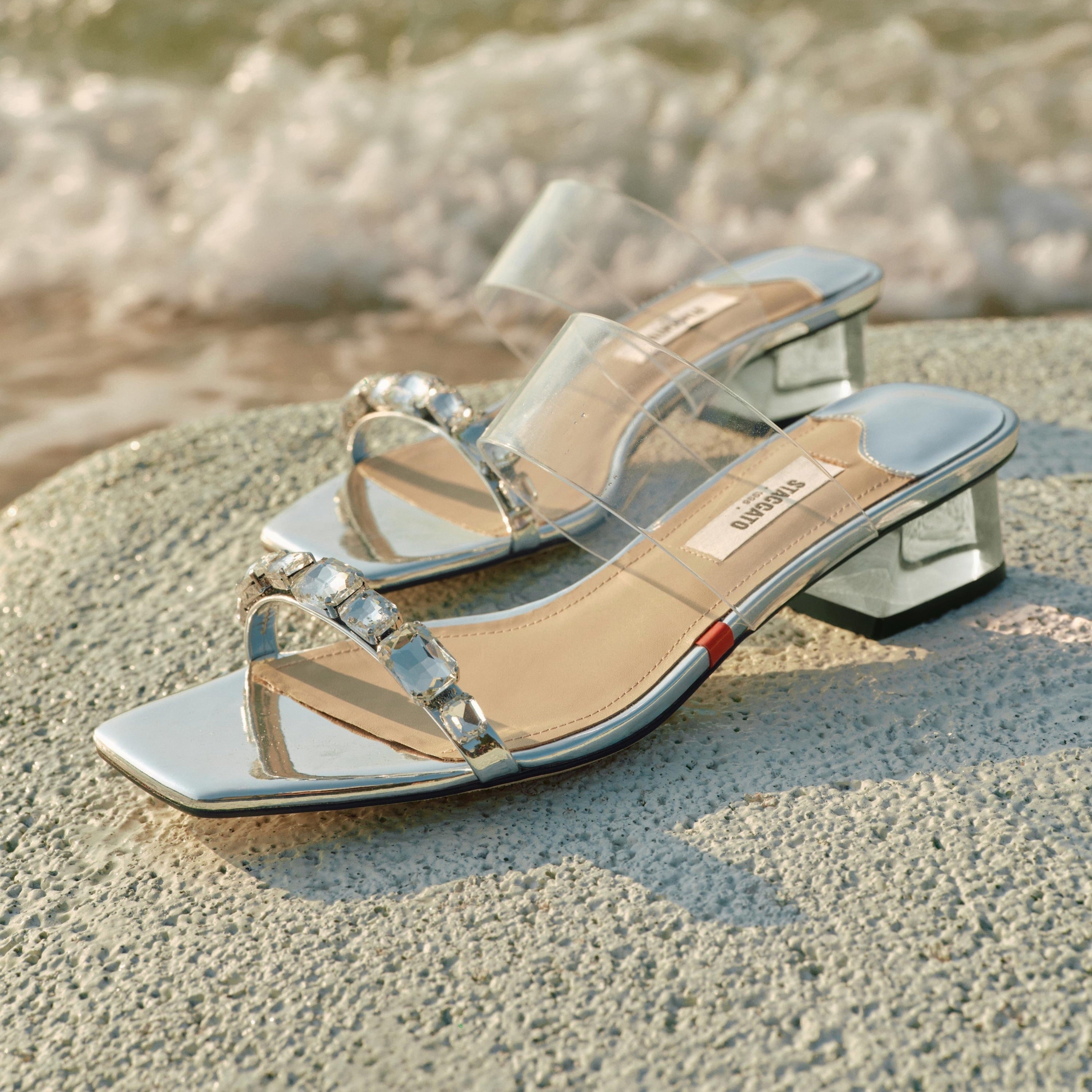 Silver Crystal Strap Heeled Mules
