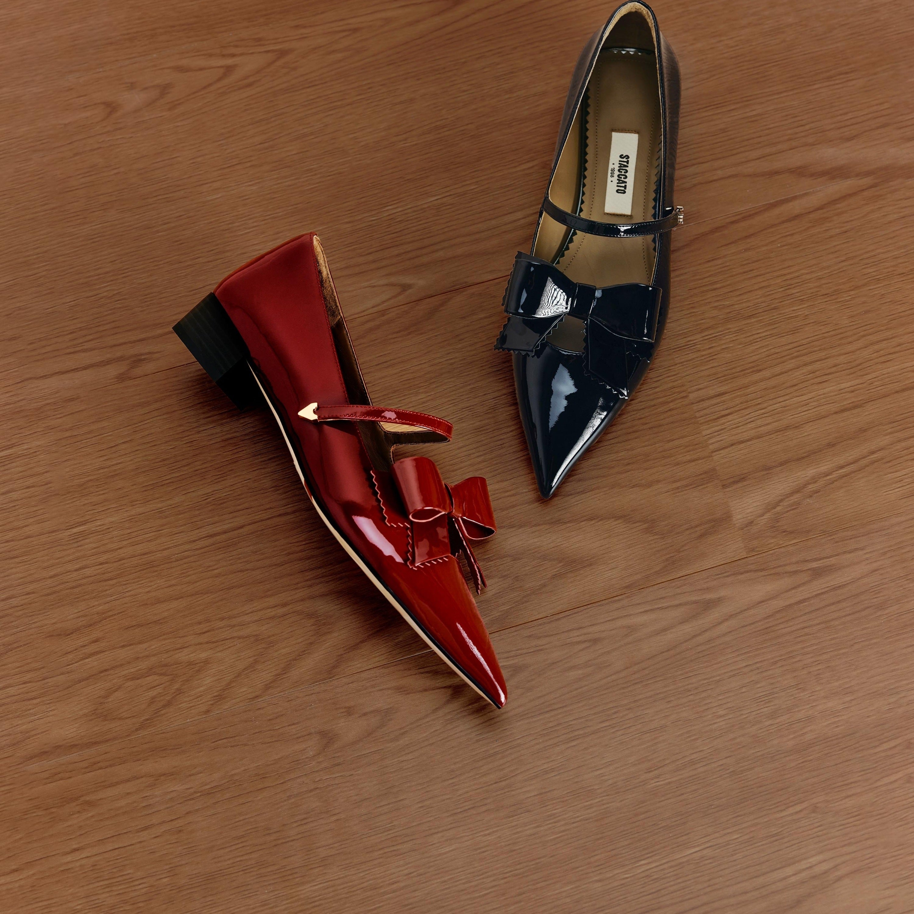 Black Bow Patent Pointed Mary Jane Flats