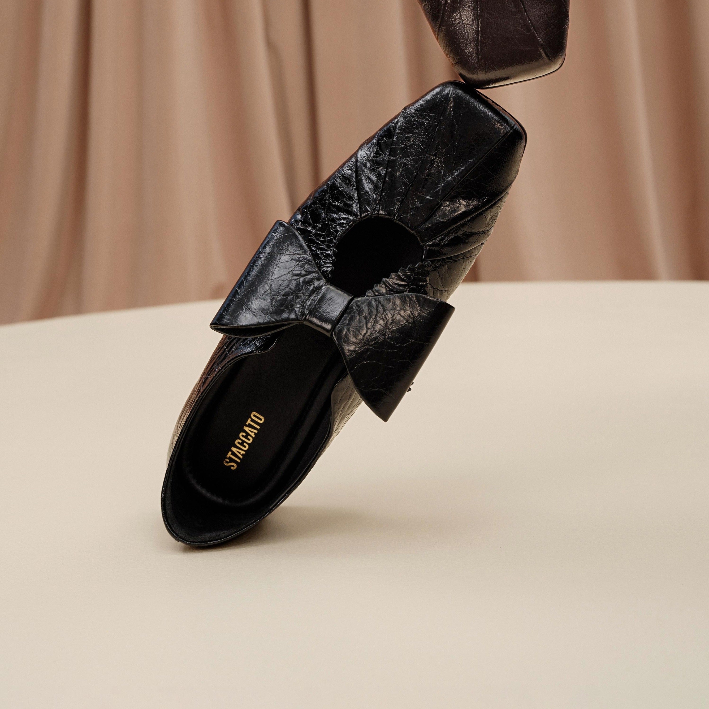 Black Waxy Bow Ballerina Flats