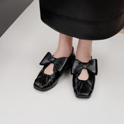 Black Waxy Bow Ballerina Flats