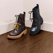 Black Double Lace Leather Military Boots