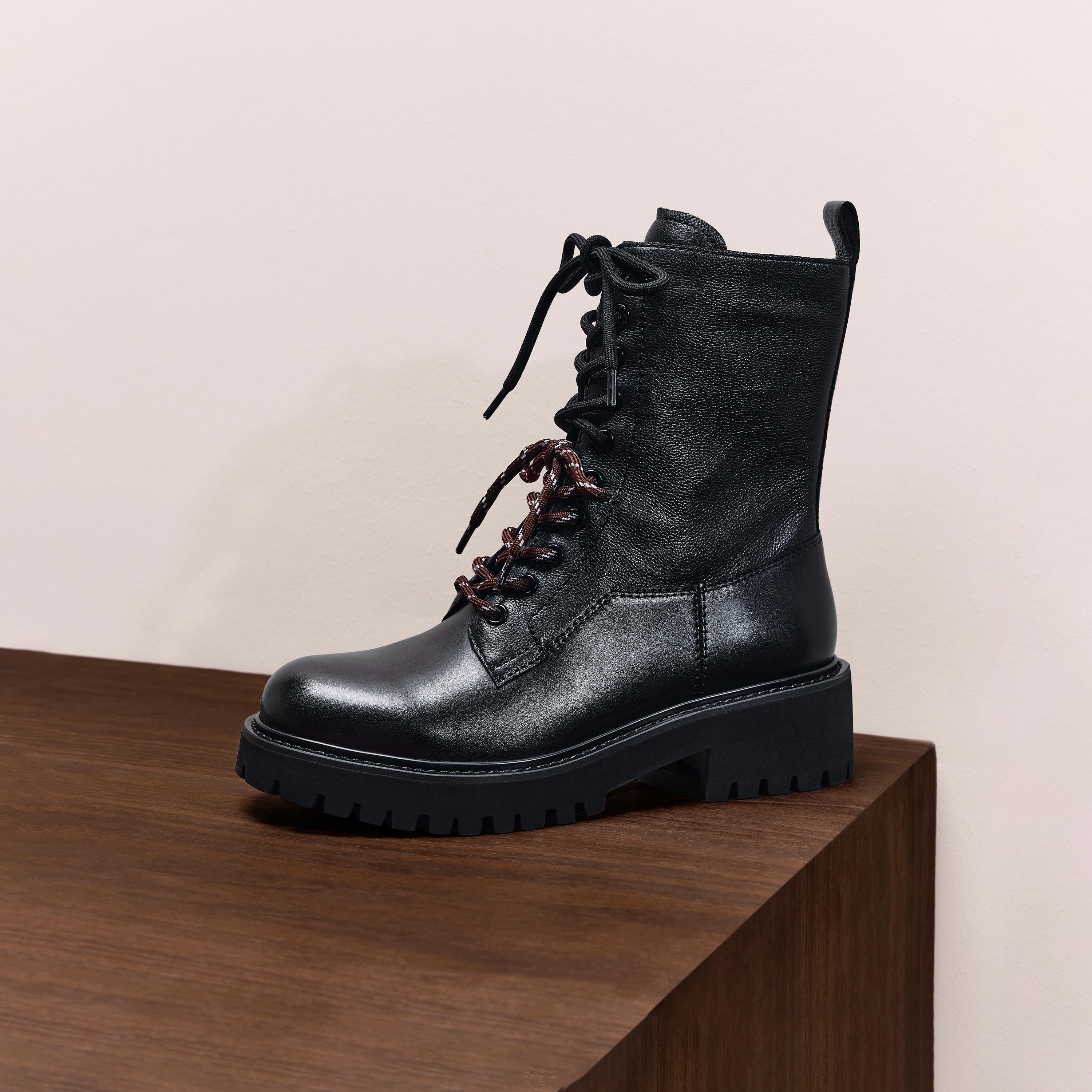 Black Double Lace Leather Military Boots