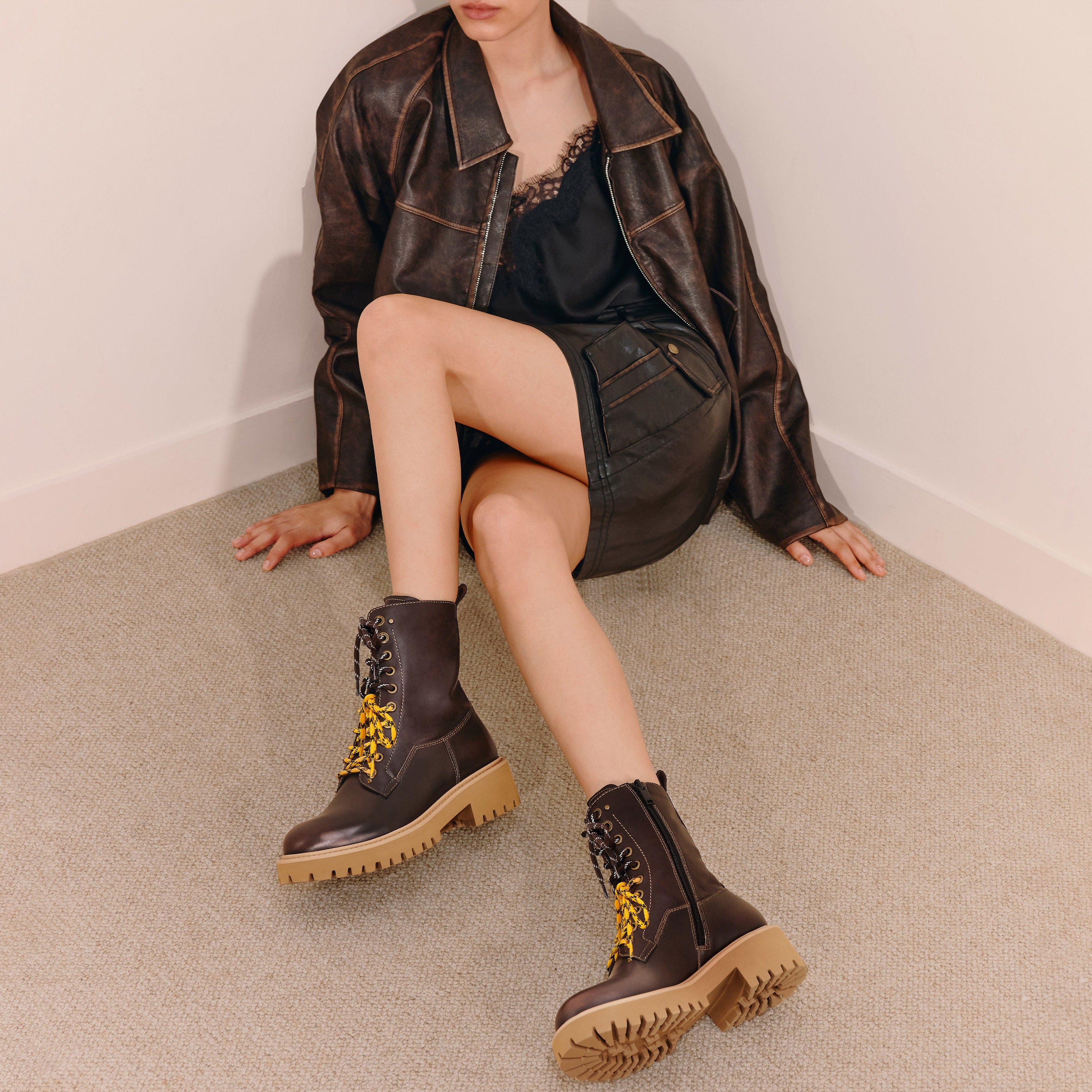 Brown Double Lace Leather Military Boots