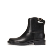 Black Waxy Ankle Buckle Strap Short Boots