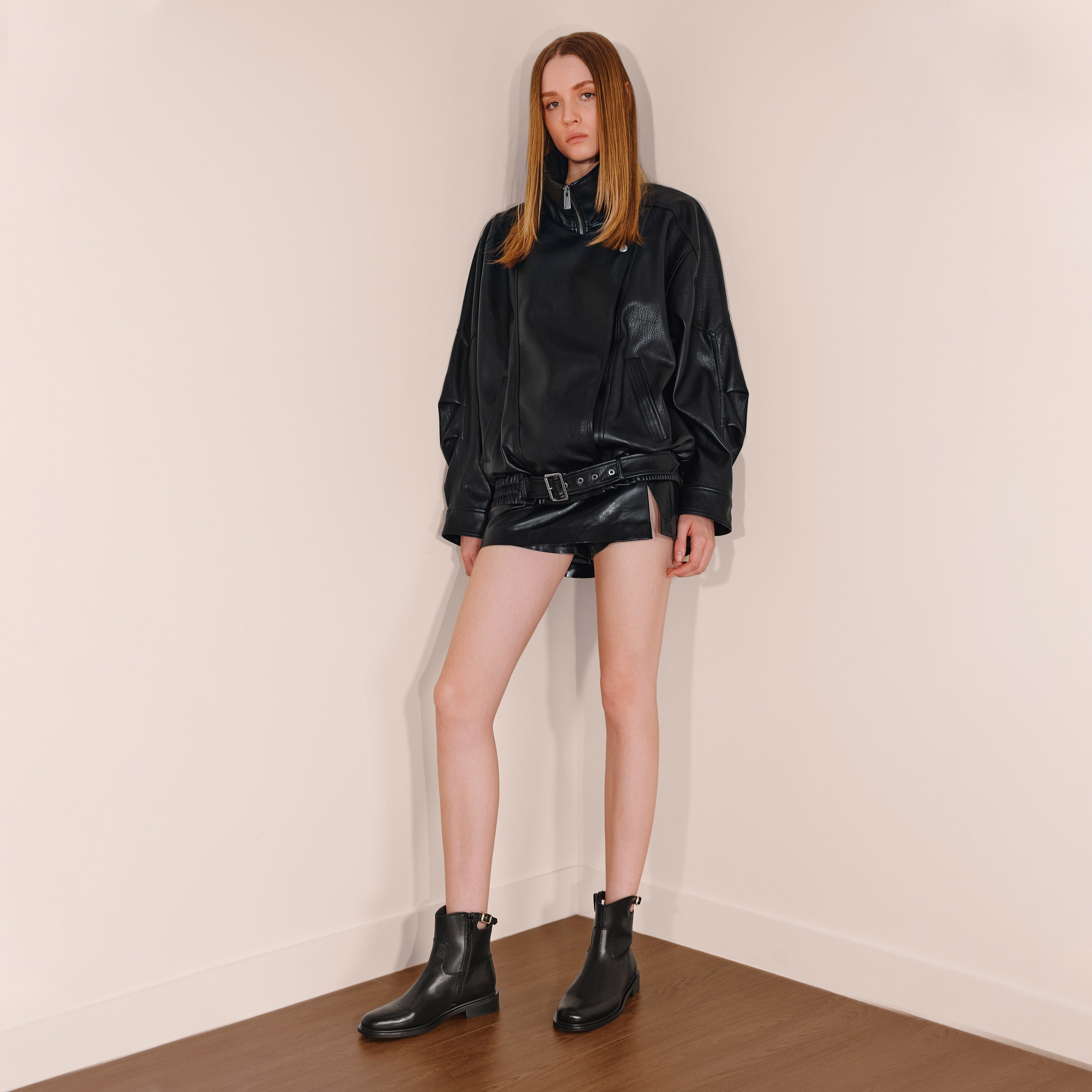 Black Waxy Ankle Buckle Strap Short Boots