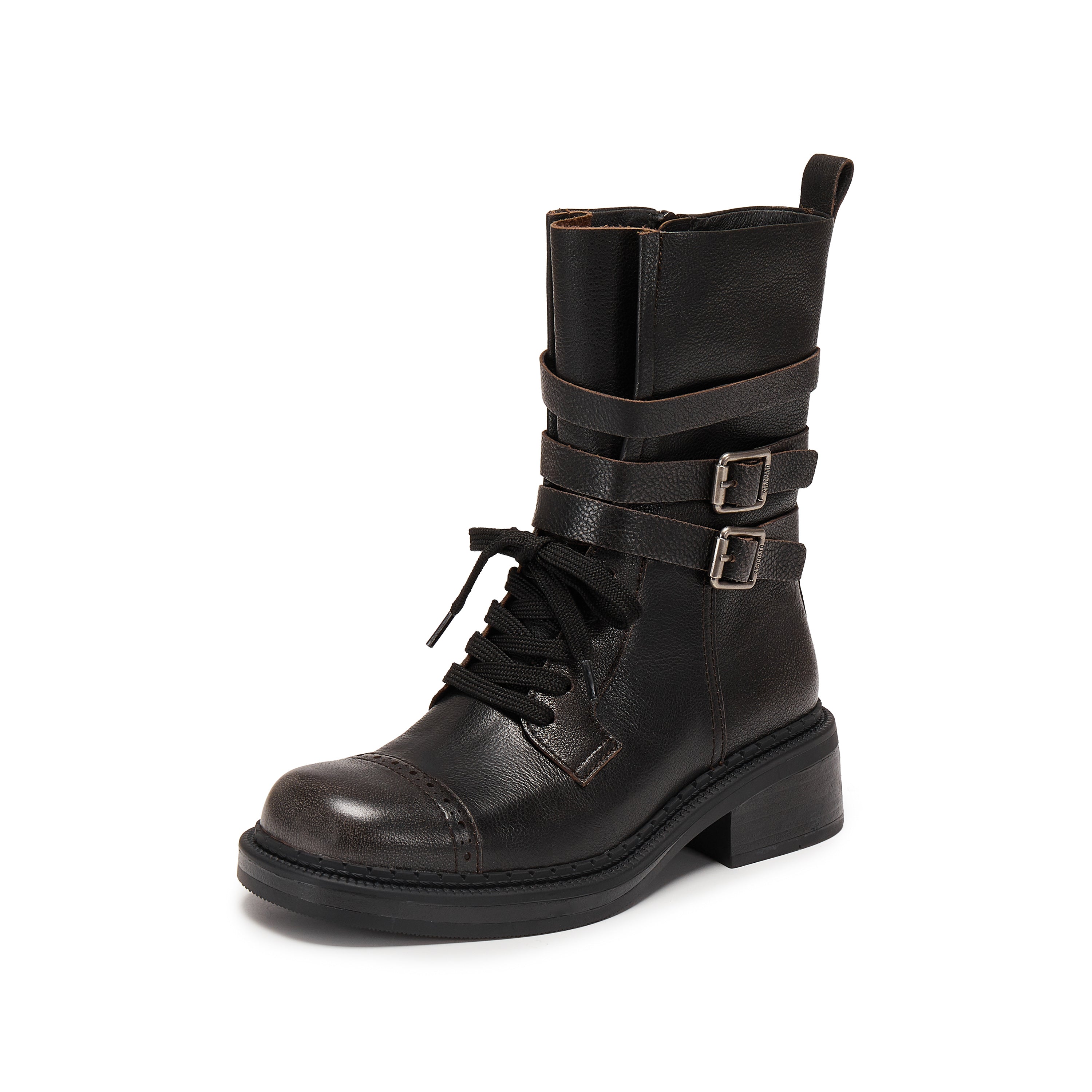 Dark Grey Ankle Strappy Leather Combat Boots