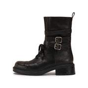 Dark Grey Ankle Strappy Leather Combat Boots