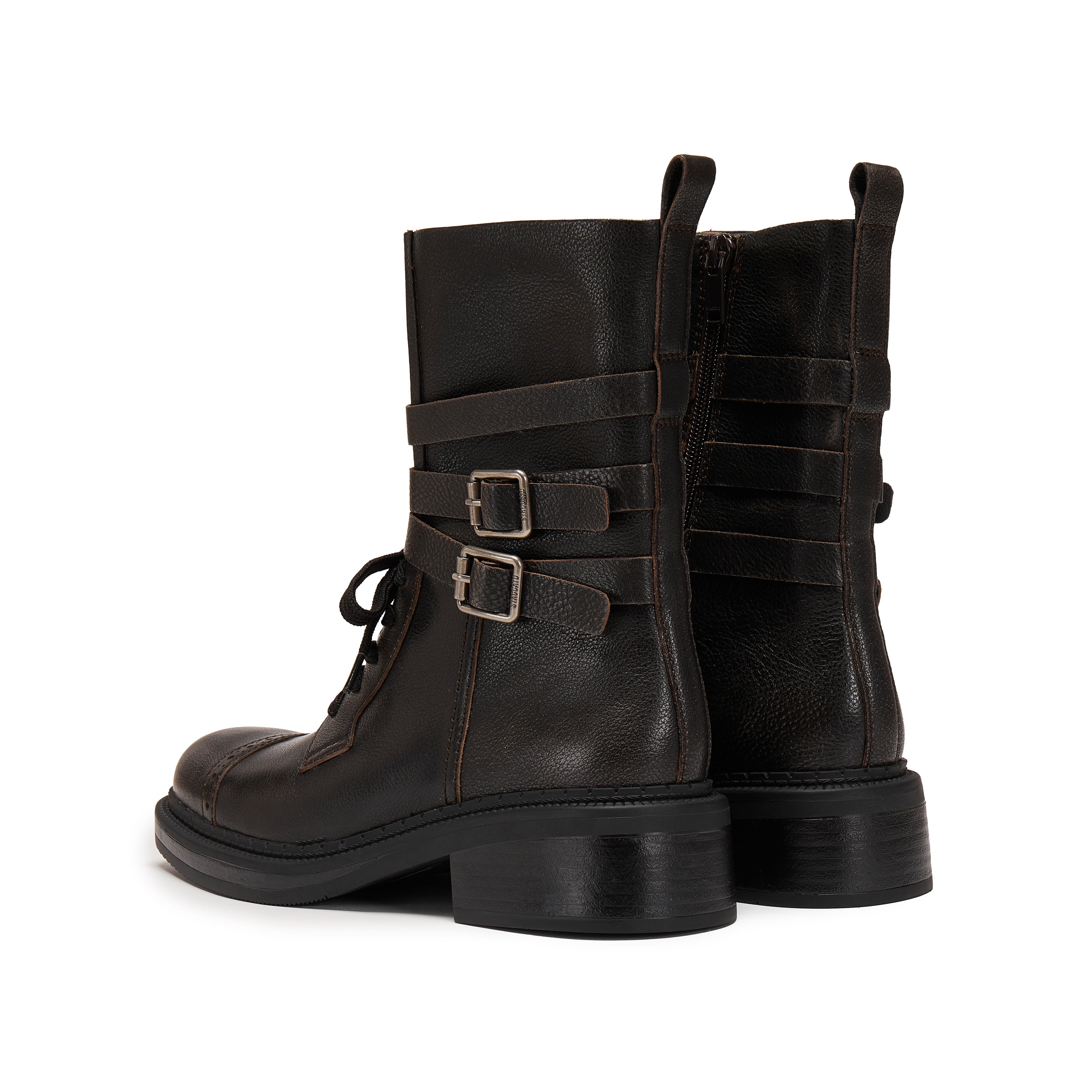 Dark Grey Ankle Strappy Leather Combat Boots