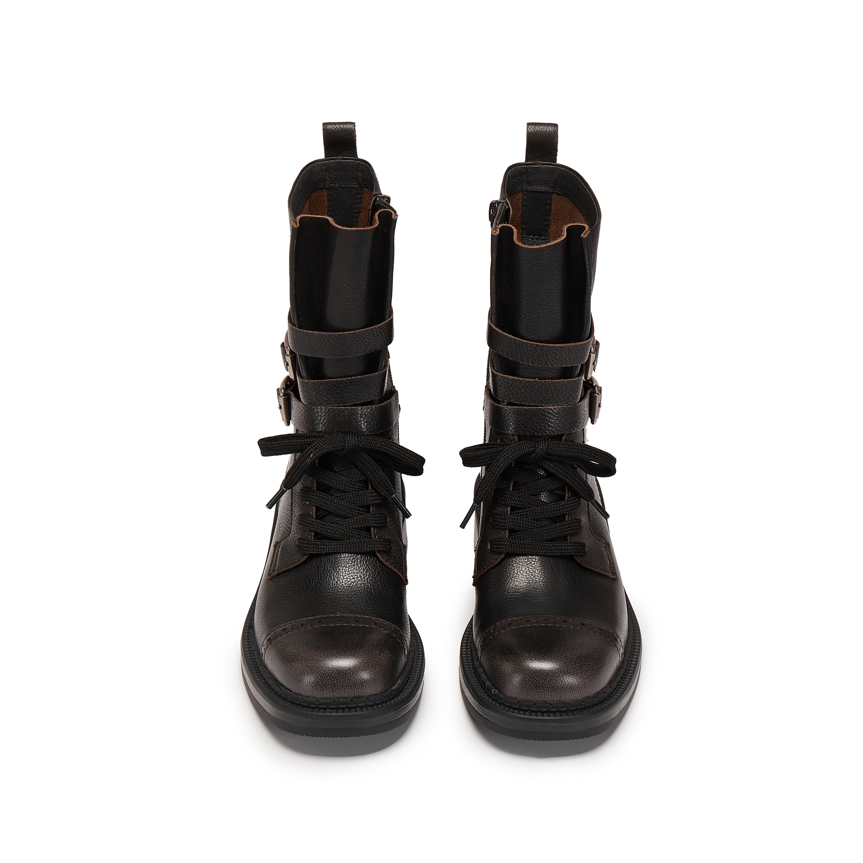 Dark Grey Ankle Strappy Leather Combat Boots