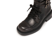 Dark Grey Ankle Strappy Leather Combat Boots