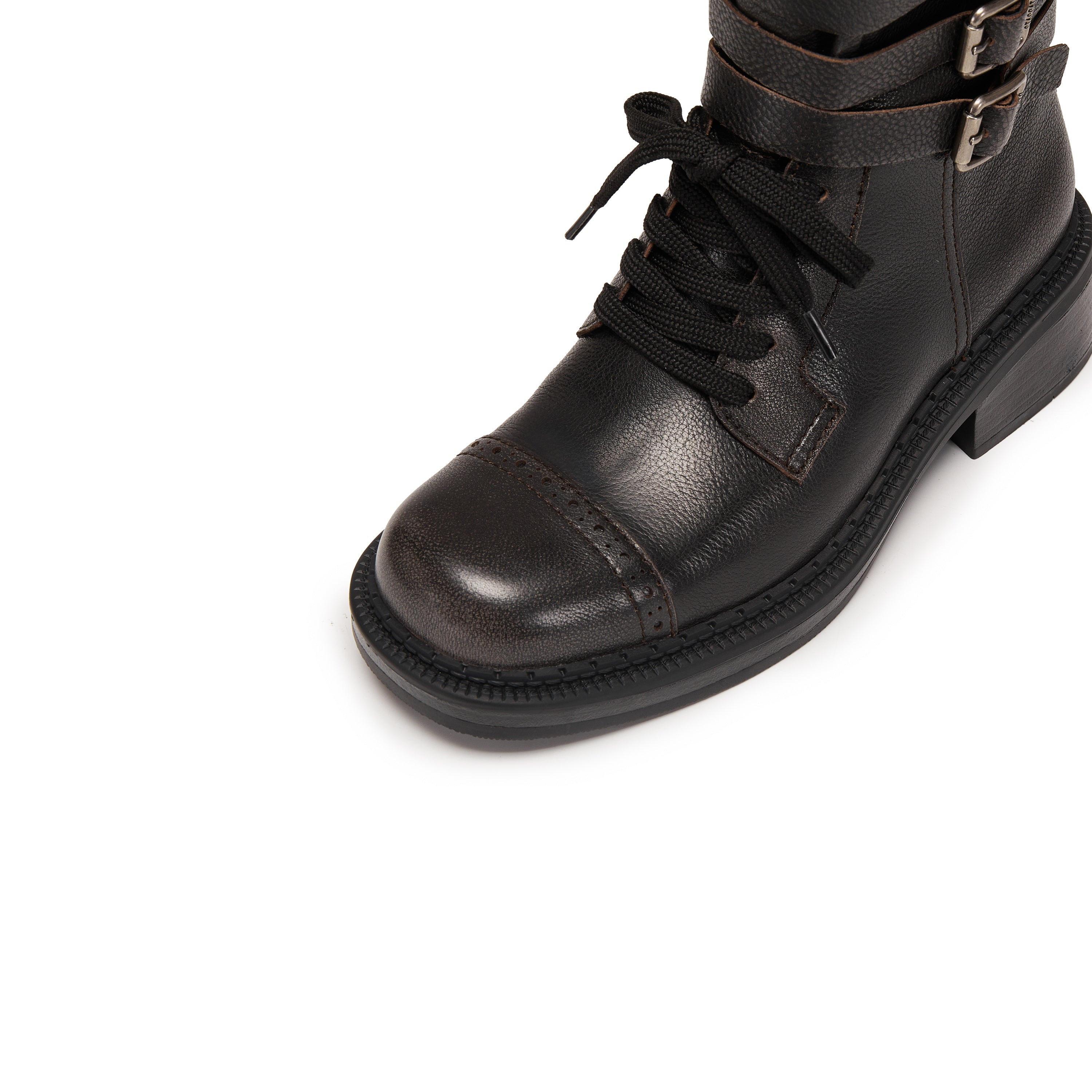 Dark Grey Ankle Strappy Leather Combat Boots