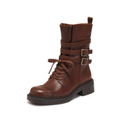 Rusty Brown Ankle Strappy Leather Combat Boots