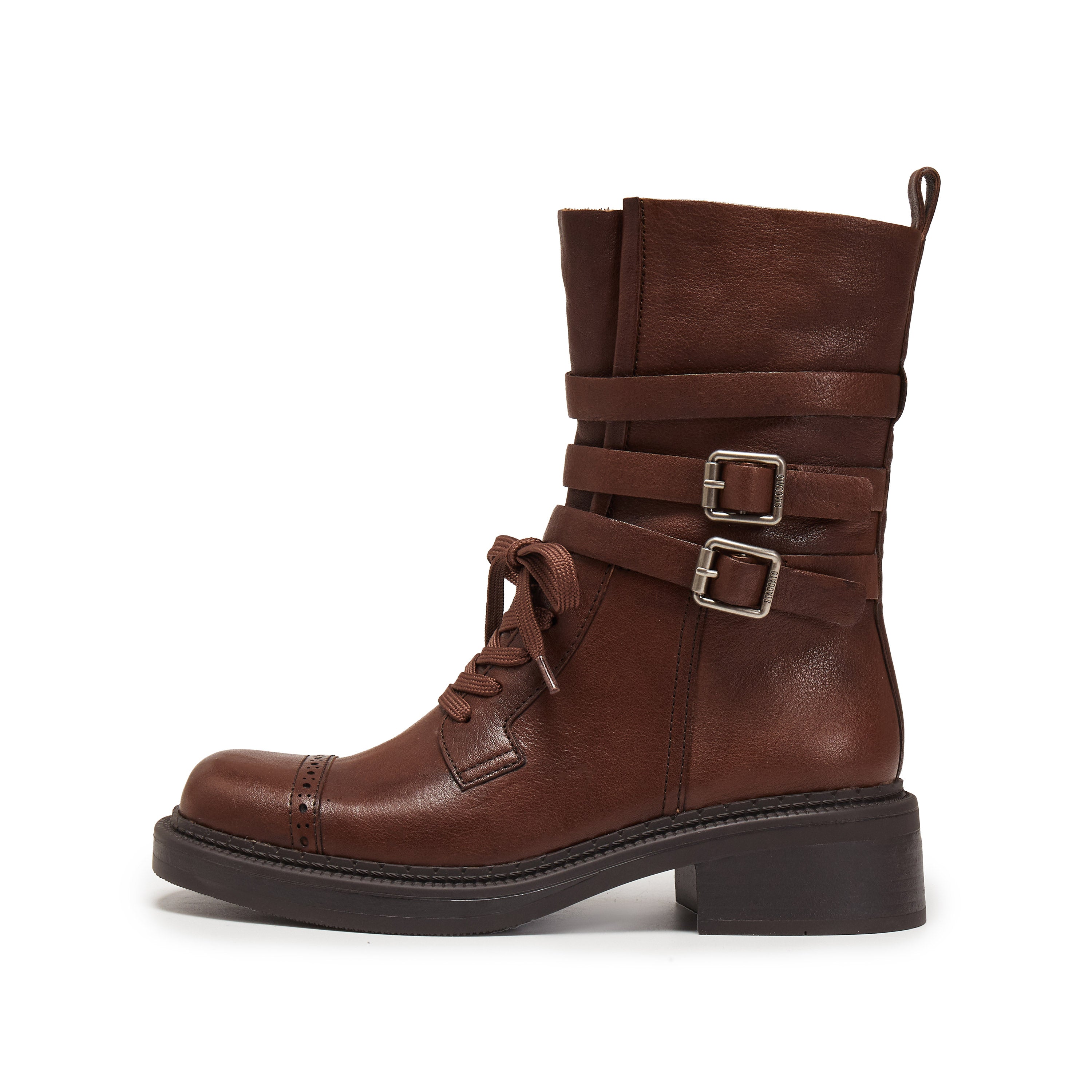 Rusty Brown Ankle Strappy Leather Combat Boots