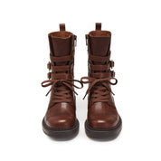 Rusty Brown Ankle Strappy Leather Combat Boots
