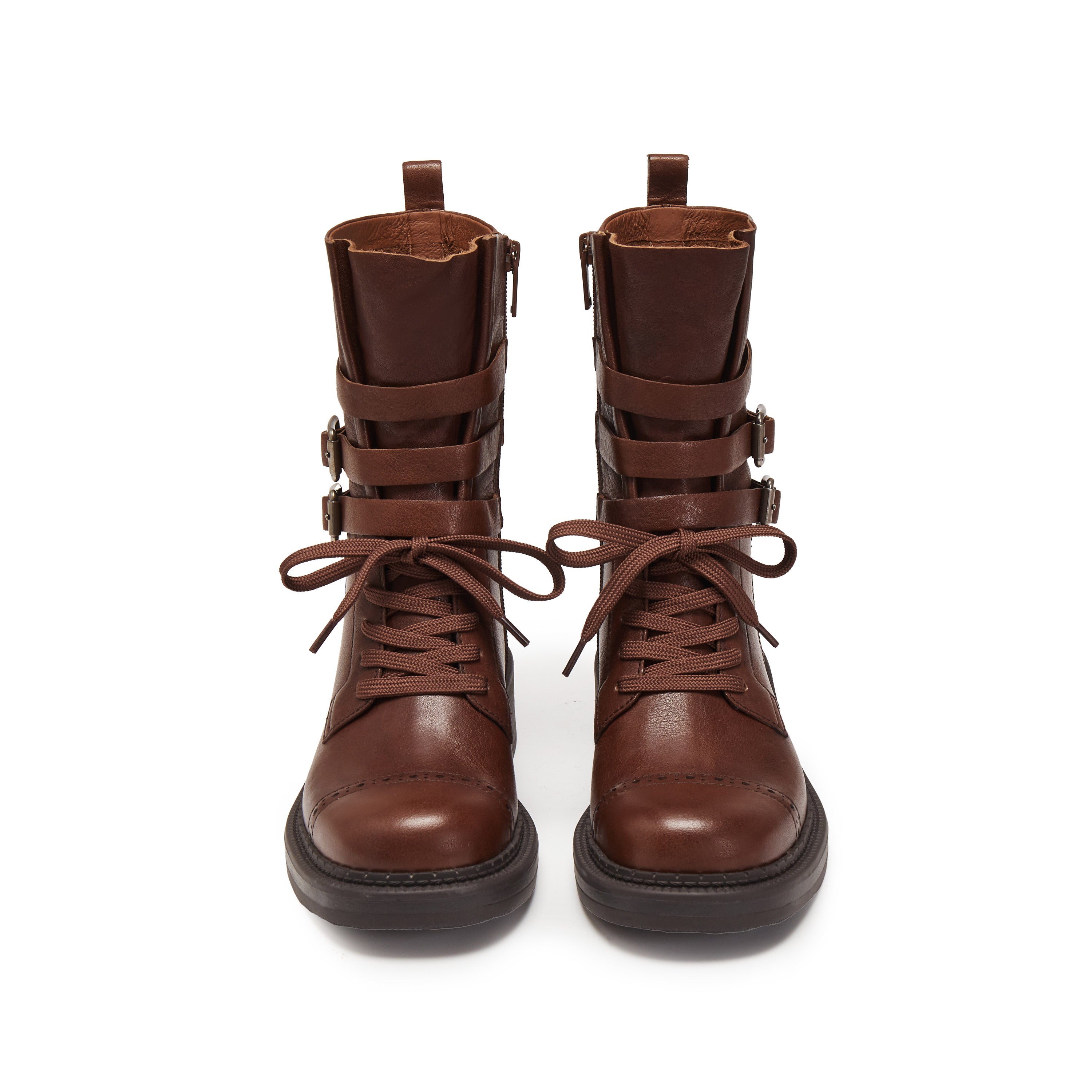 Rusty Brown Ankle Strappy Leather Combat Boots