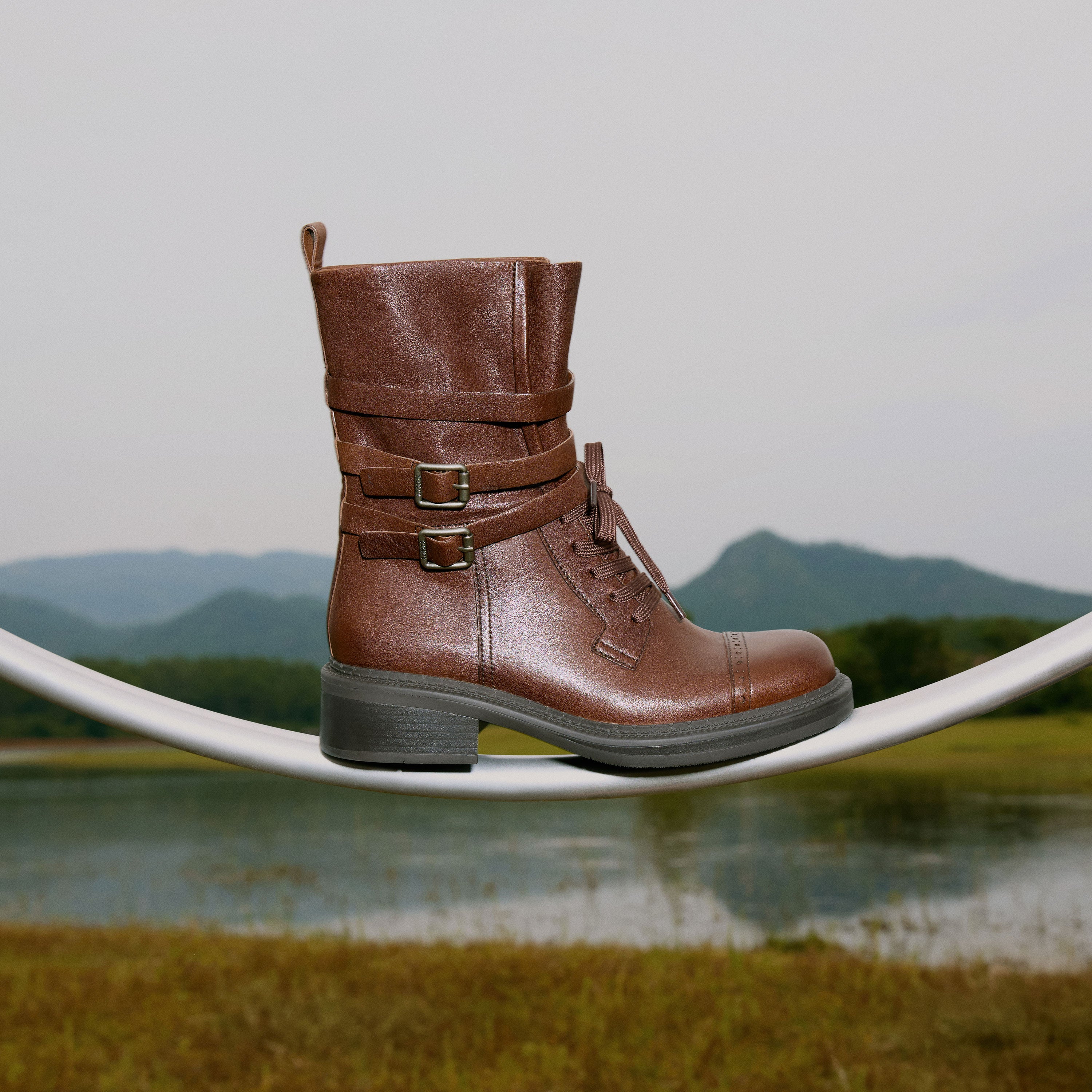 Rusty Brown Ankle Strappy Leather Combat Boots